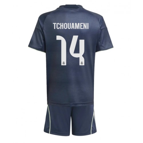 Otroški Nogometni dresi Real Madrid Aurelien Tchouameni #14 Gostujoči 2025-26 Kratek Rokav (+ Kratke hlače)